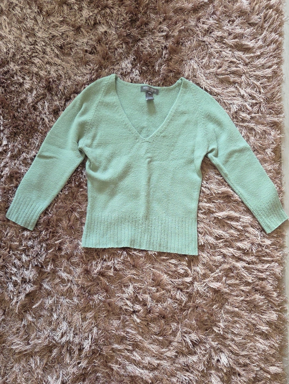 Bisou Bisou Sage V Neck Sweater 3/4 Sleeve